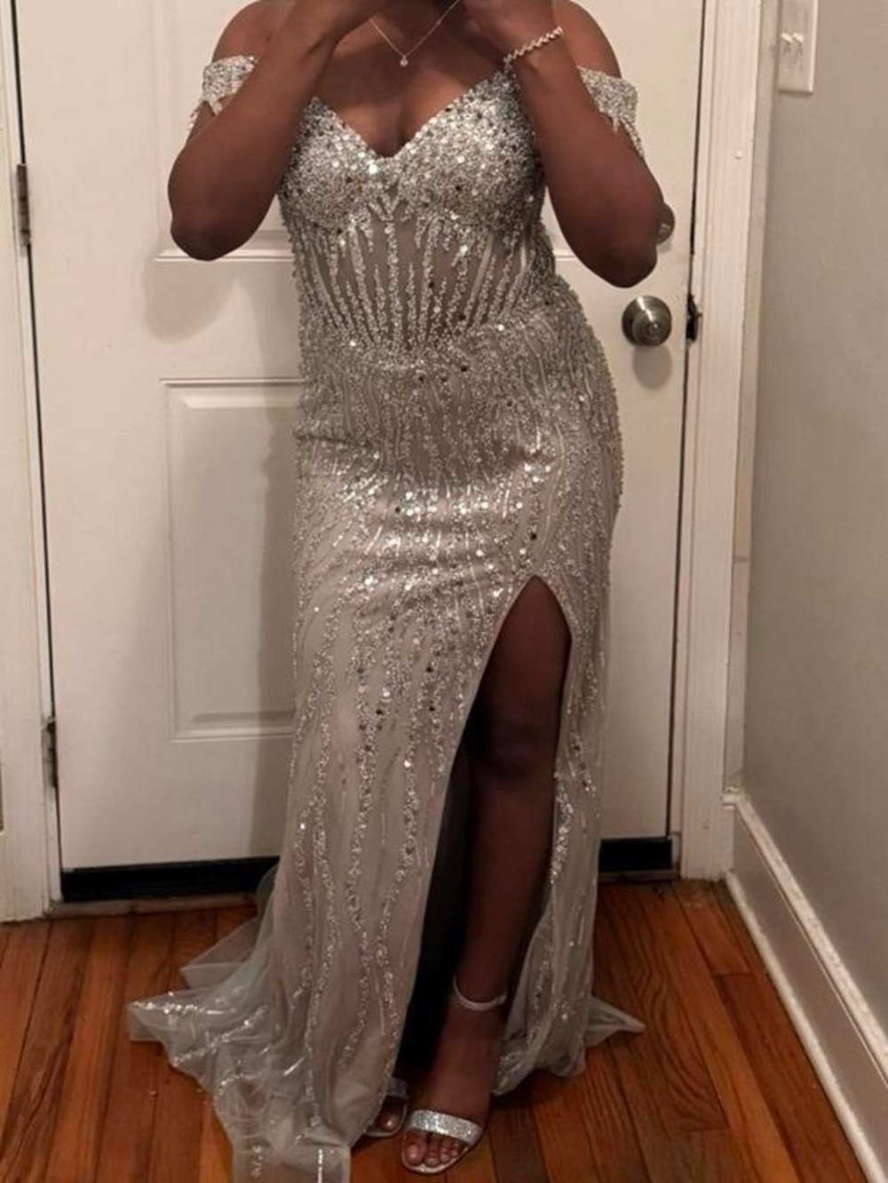 Silver/Nude Sequin Off-the-Shoulder Prom Dress
